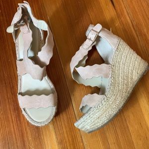 Marc Fisher nude suede wedges